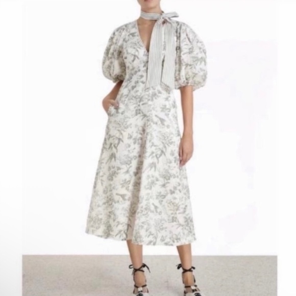Zimmermann Linen Day Midi Dress Puff Sleeve Pockets Olive Green Toile Floral 6 - Picture 13 of 13
